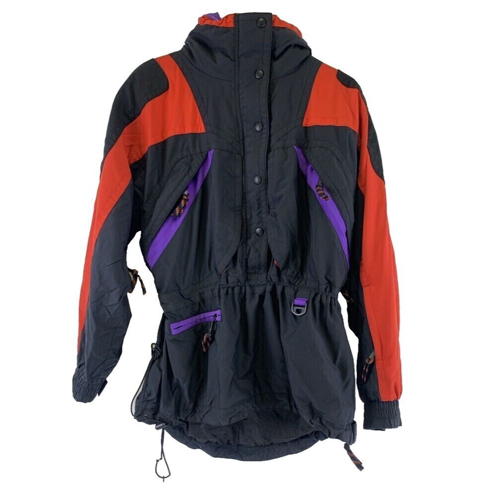 BOGO Slalom Ski Jacket Vintage Pullover Red Purple Black Snap Hooded Womens 14